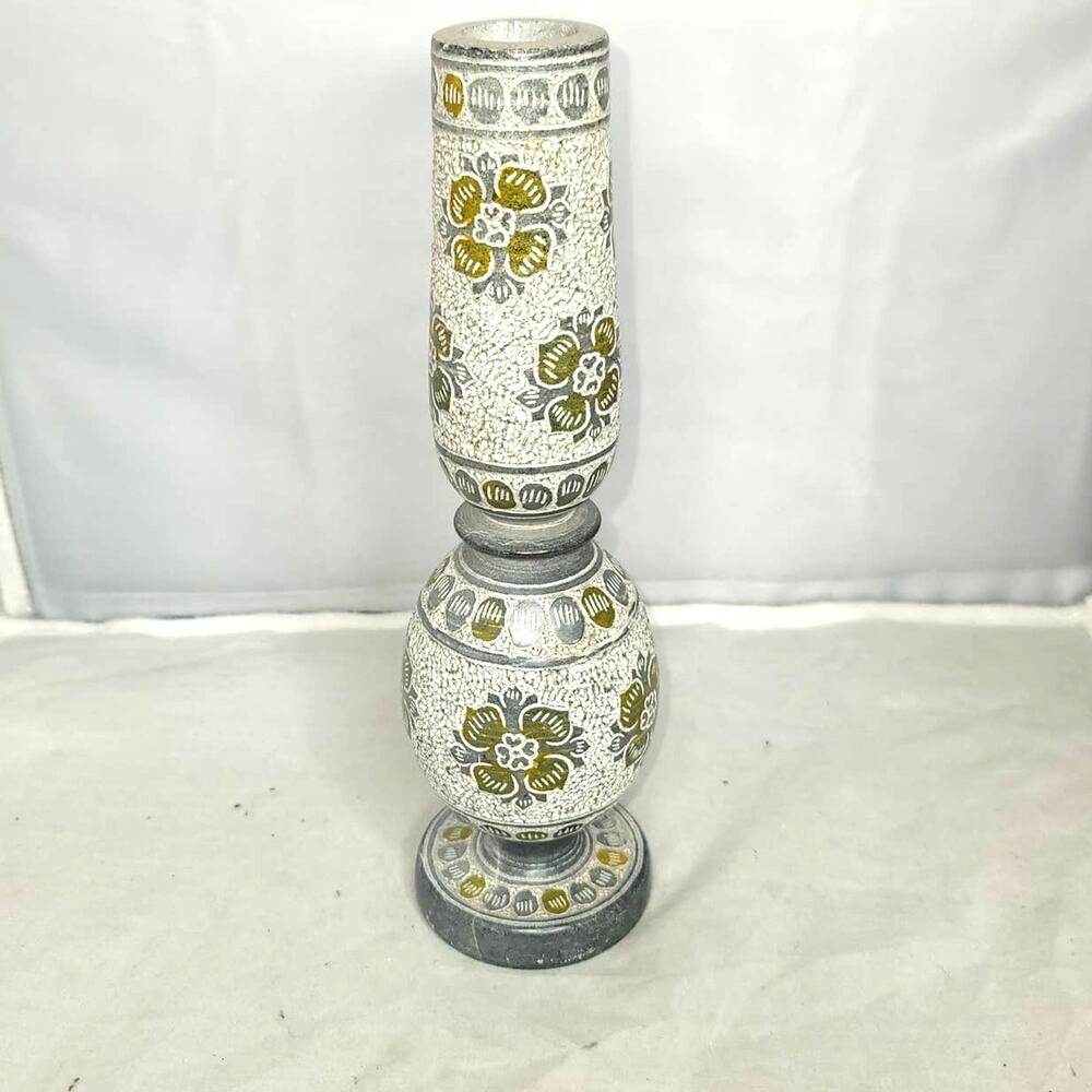 Etched taper Marble candlestick candle holder gray floral geometric heavy 9"